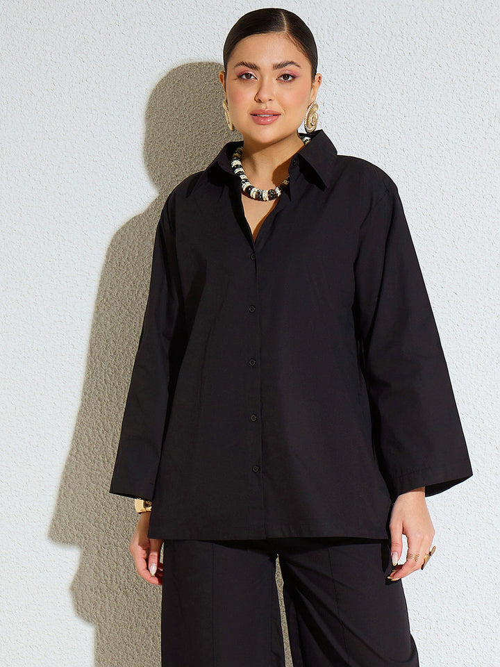 Women Black Poplin Full Sleeves Oversize Shirt