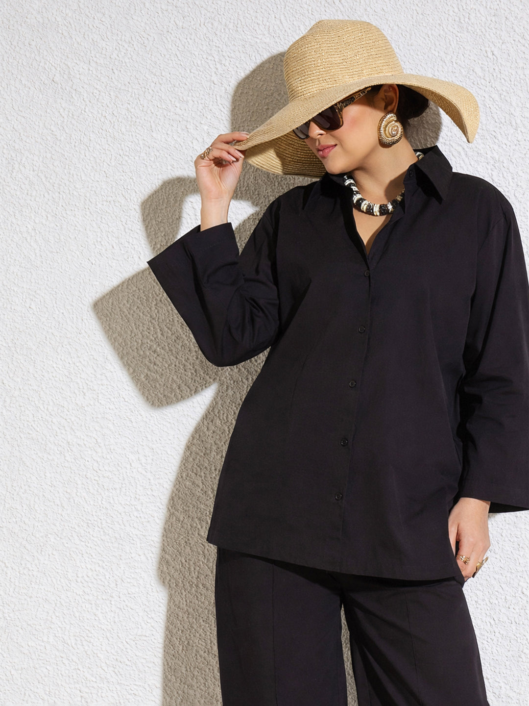 Women Black Poplin Full Sleeves Oversize Shirt