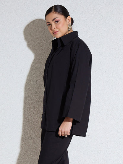 Women Black Poplin Full Sleeves Oversize Shirt