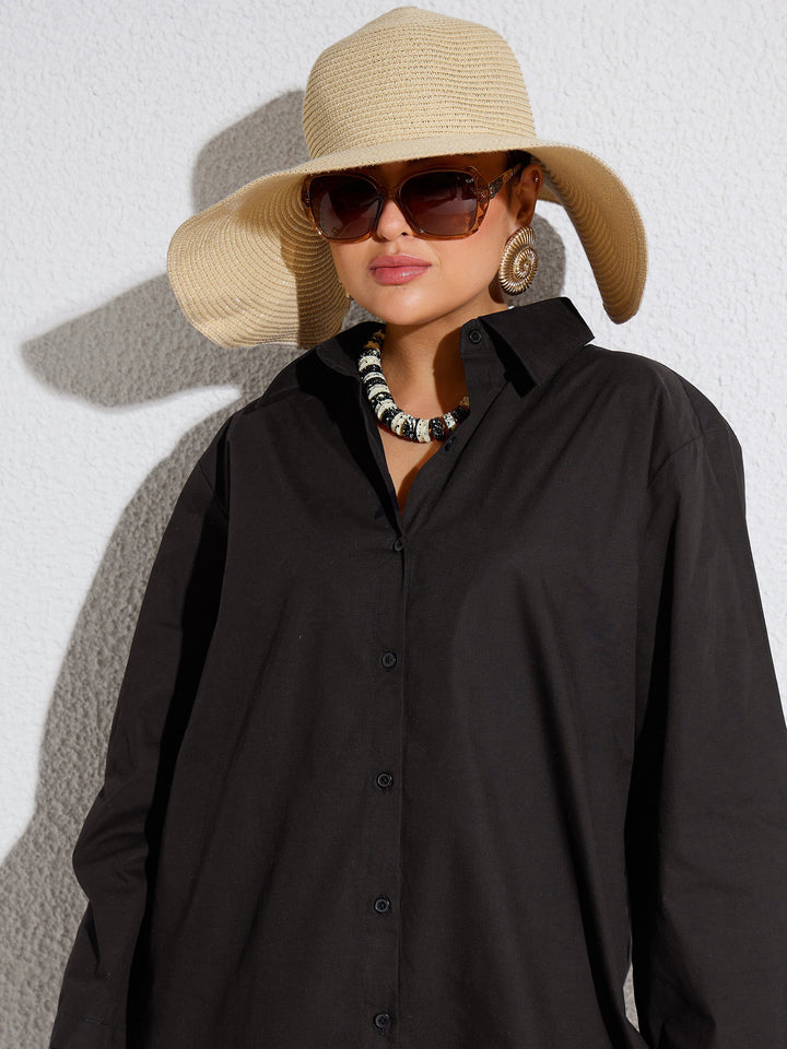Women Black Poplin Full Sleeves Oversize Shirt