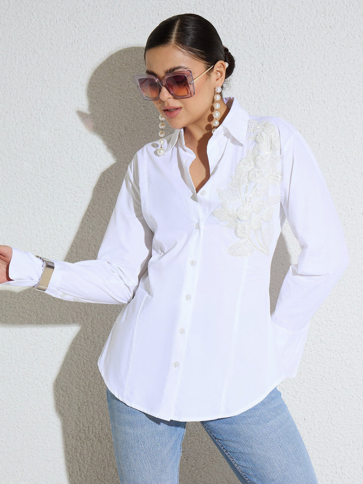 Women White Embellished Lace Patch Slim Fit Shirt