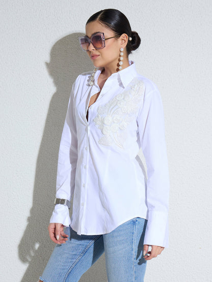Women White Embellished Lace Patch Slim Fit Shirt