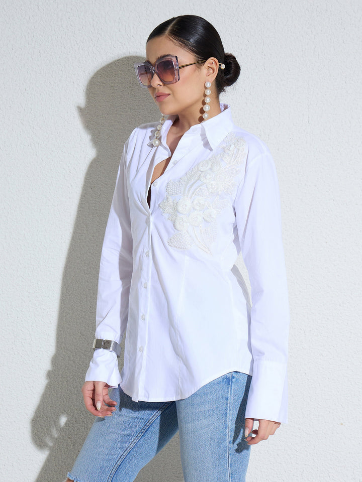 Women White Embellished Lace Patch Slim Fit Shirt