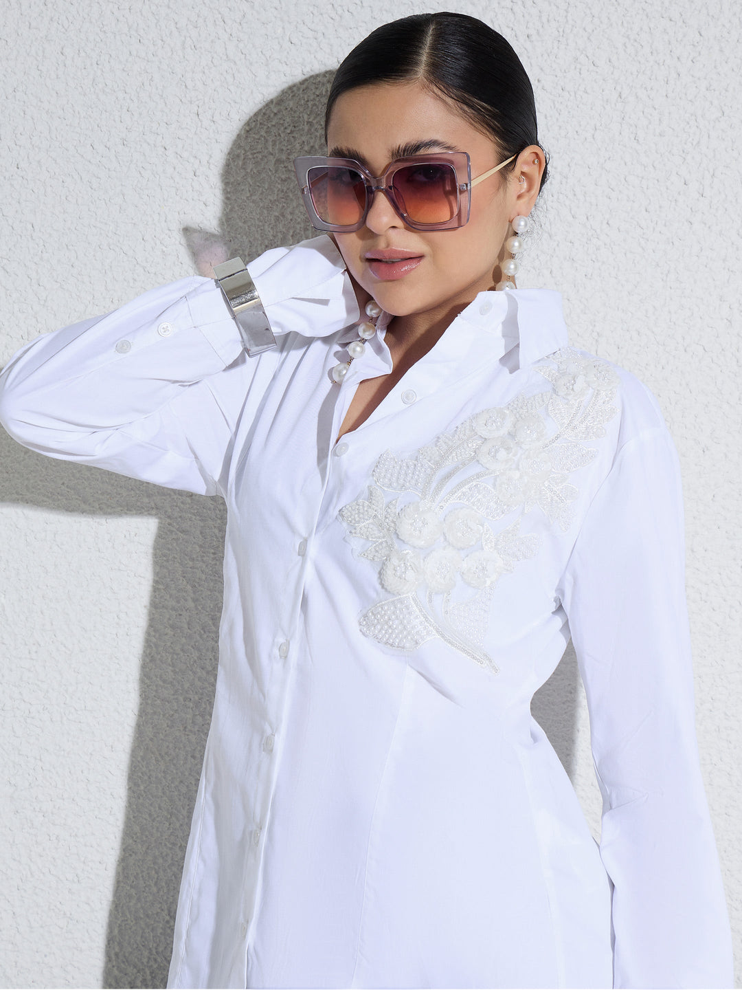 Women White Embellished Lace Patch Slim Fit Shirt