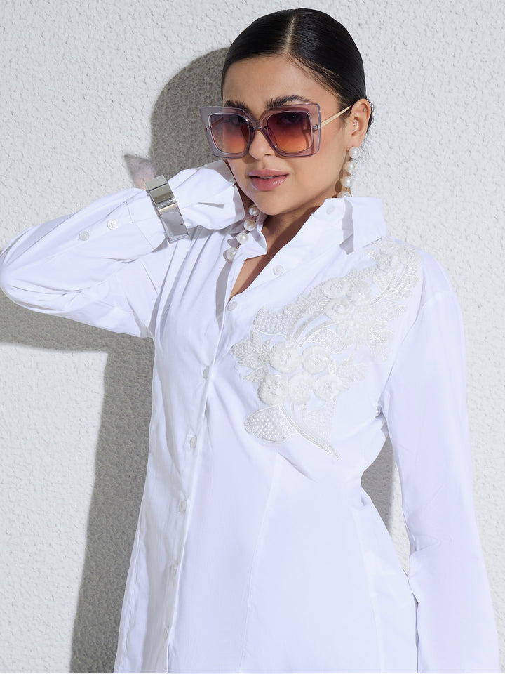 Women White Embellished Lace Patch Slim Fit Shirt