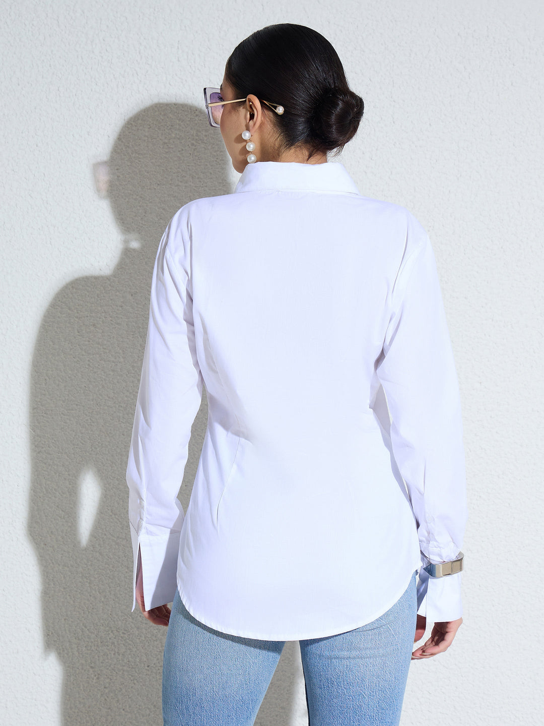 Women White Embellished Lace Patch Slim Fit Shirt