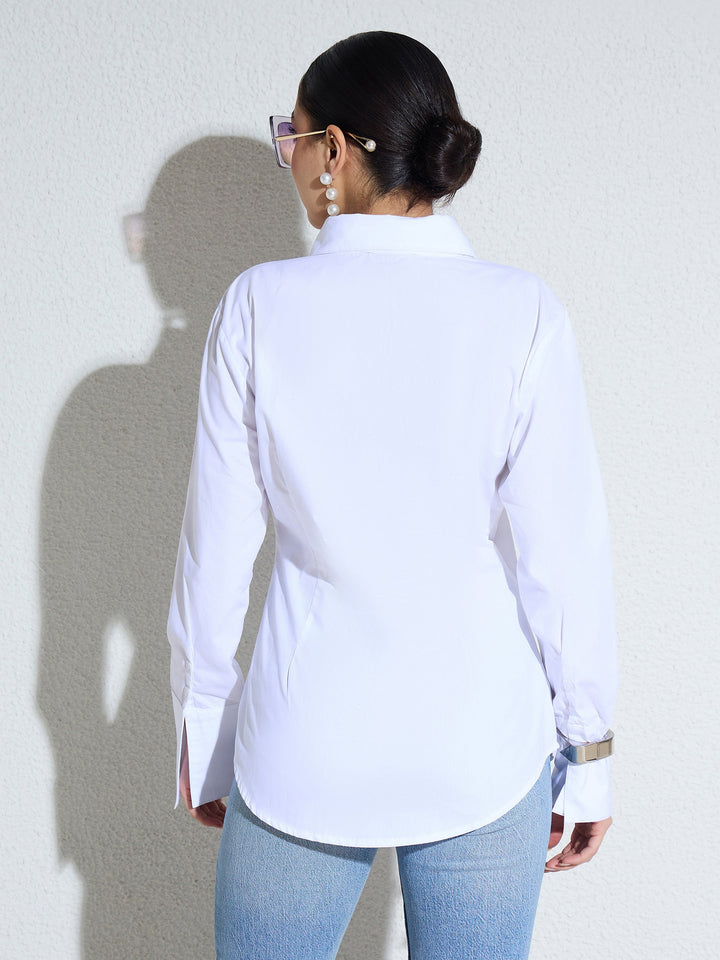 Women White Embellished Lace Patch Slim Fit Shirt