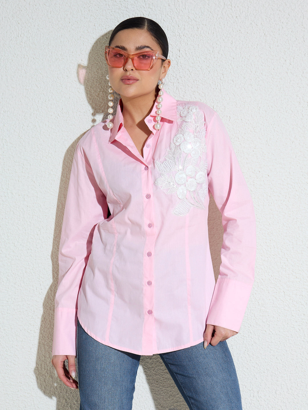 Women Pink Embellished Lace Patch Slim Fit Shirt