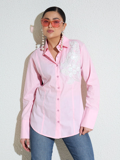Women Pink Embellished Lace Patch Slim Fit Shirt