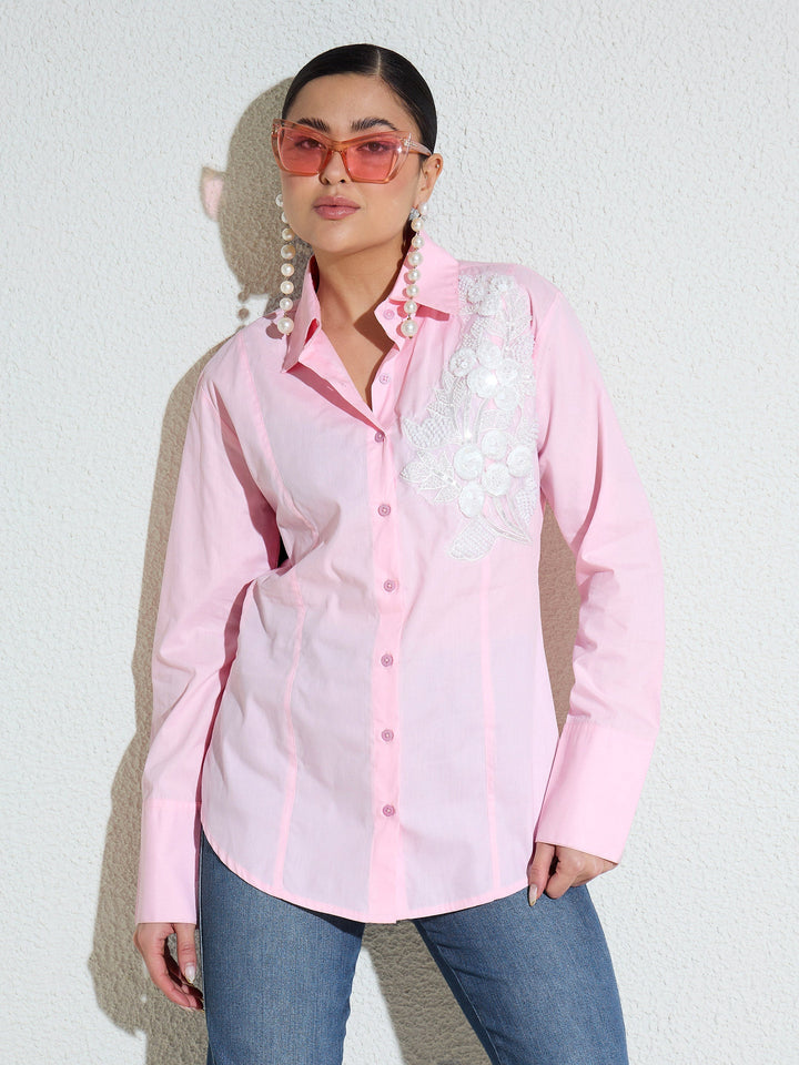 Women Pink Embellished Lace Patch Slim Fit Shirt