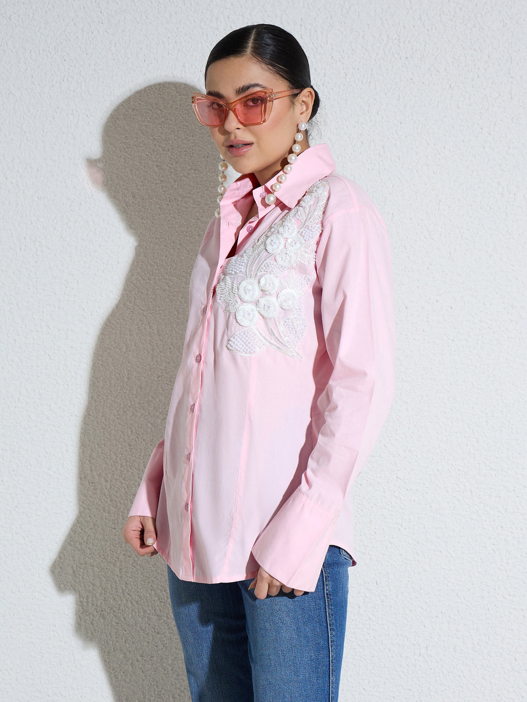 Women Pink Embellished Lace Patch Slim Fit Shirt