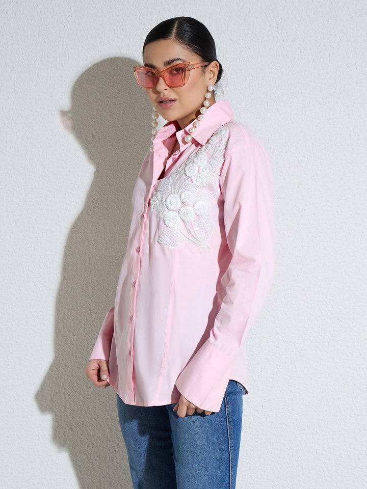 Women Pink Embellished Lace Patch Slim Fit Shirt