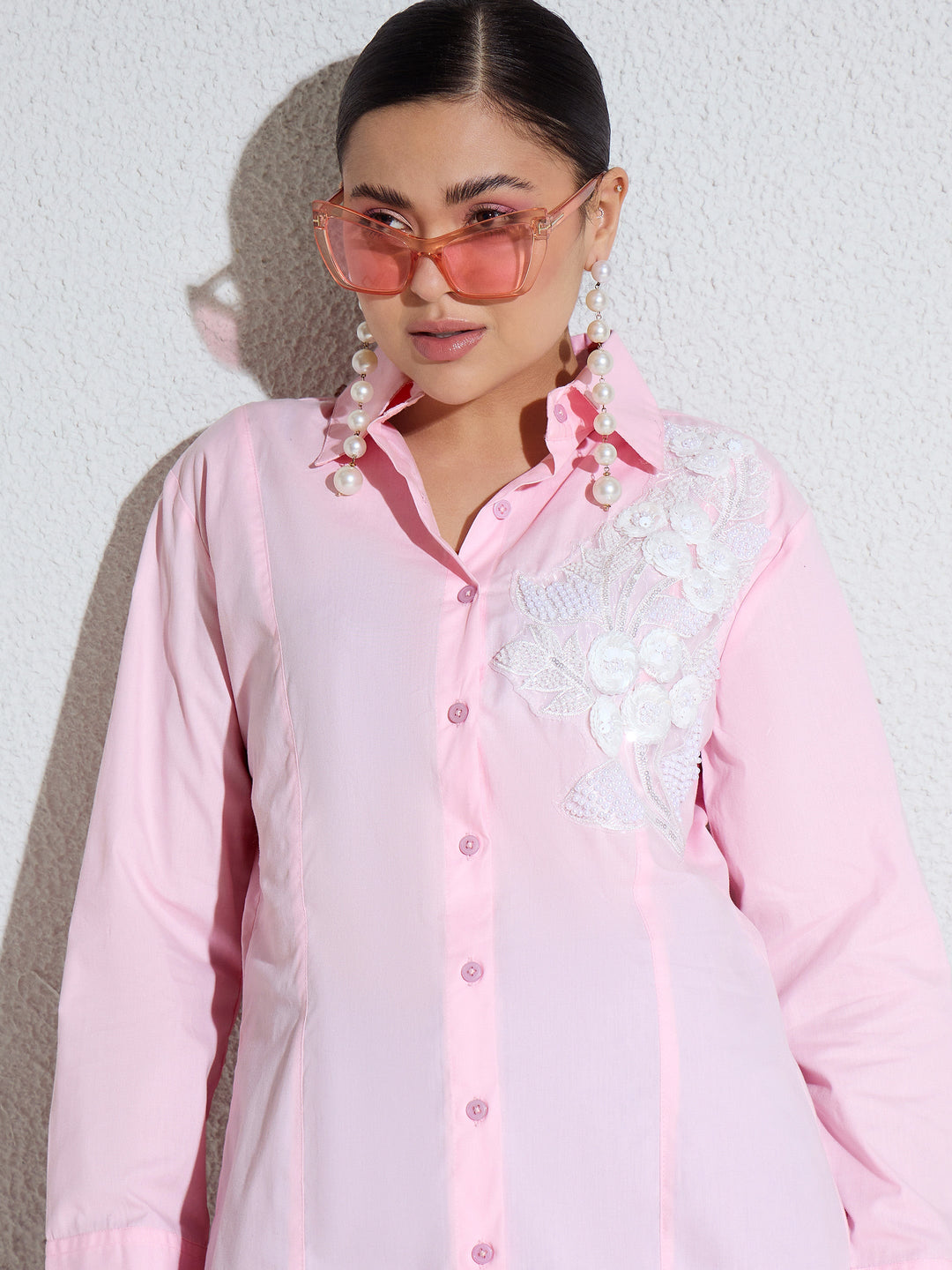 Women Pink Embellished Lace Patch Slim Fit Shirt