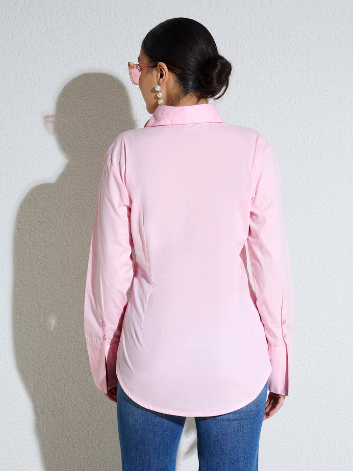 Women Pink Embellished Lace Patch Slim Fit Shirt