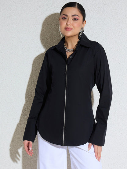 Women Black Embellished Placket Slim Fit Shirt