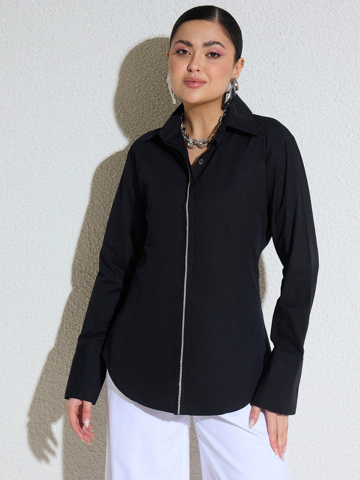 Women Black Embellished Placket Slim Fit Shirt