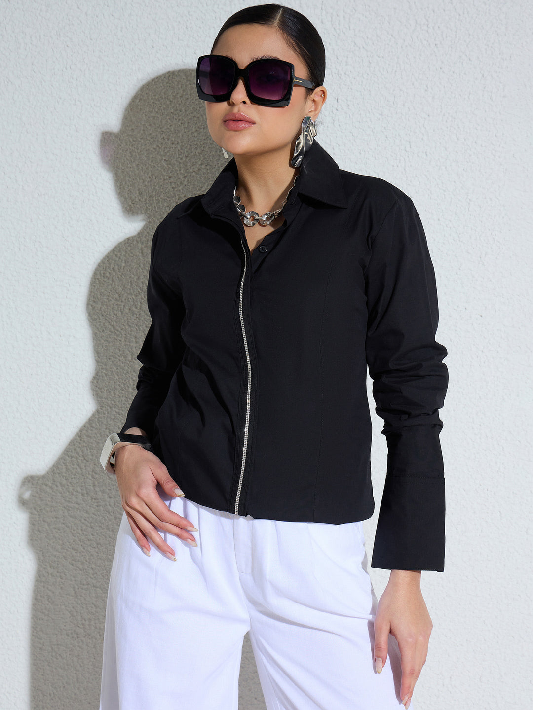 Women Black Embellished Placket Slim Fit Shirt