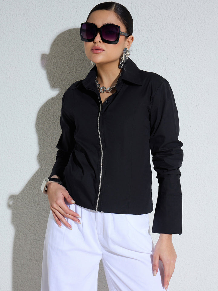Women Black Embellished Placket Slim Fit Shirt