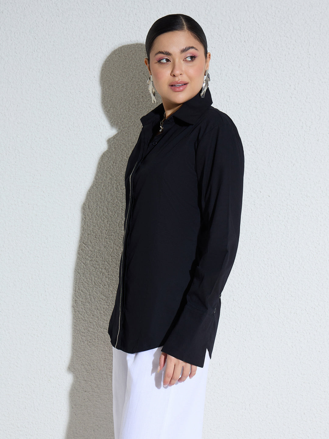 Women Black Embellished Placket Slim Fit Shirt
