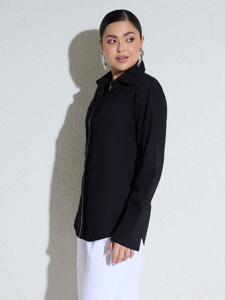 Women Black Embellished Placket Slim Fit Shirt