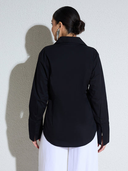 Women Black Embellished Placket Slim Fit Shirt