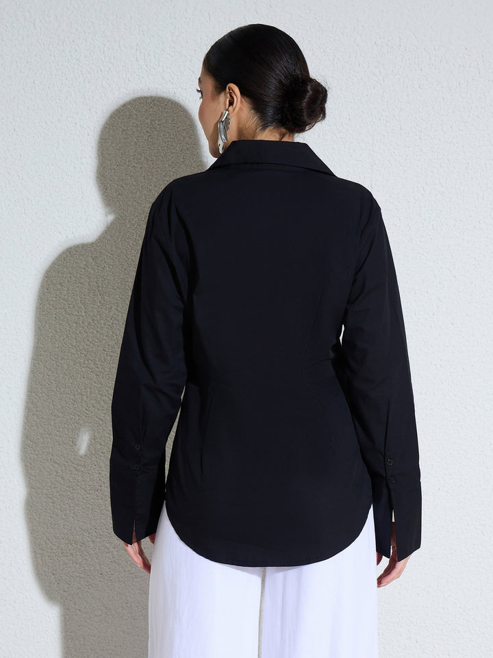 Women Black Embellished Placket Slim Fit Shirt