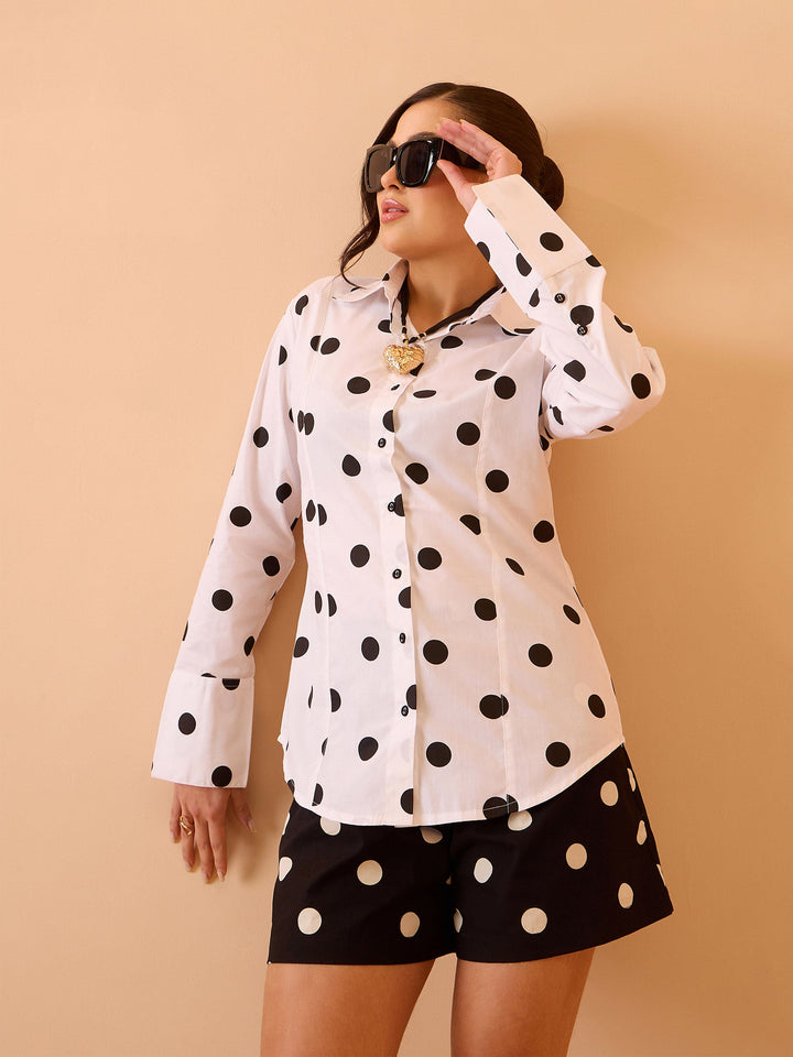 Women White &amp; Black Big Polka Slim Fit Shirt