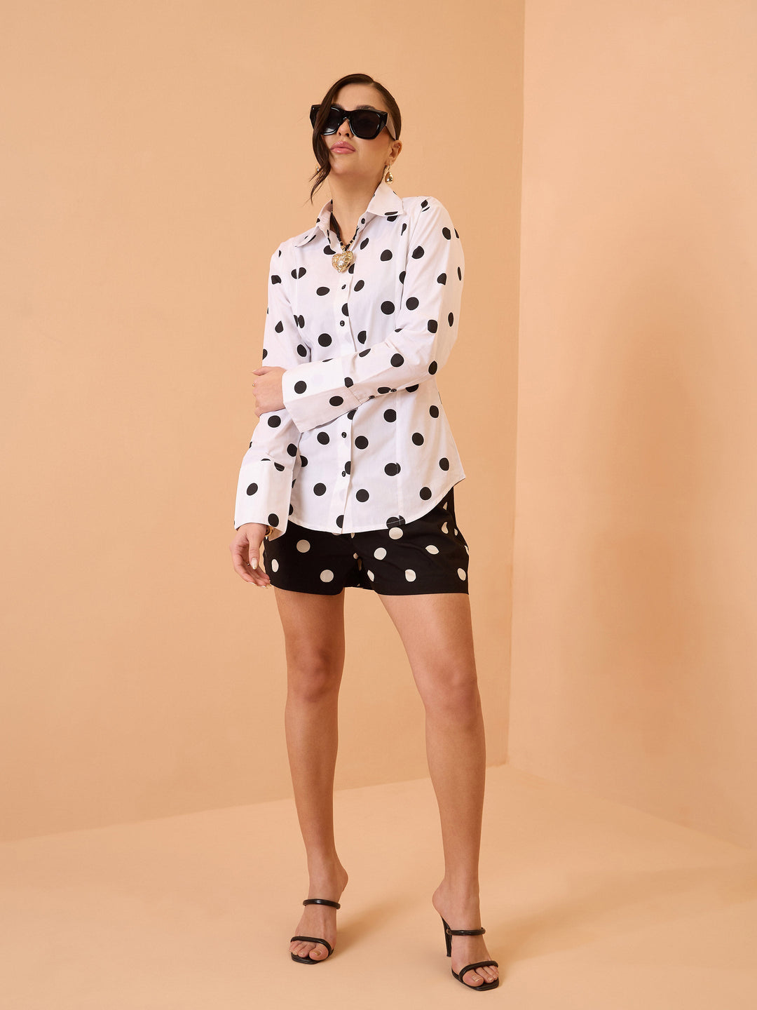 Women White &amp; Black Big Polka Slim Fit Shirt