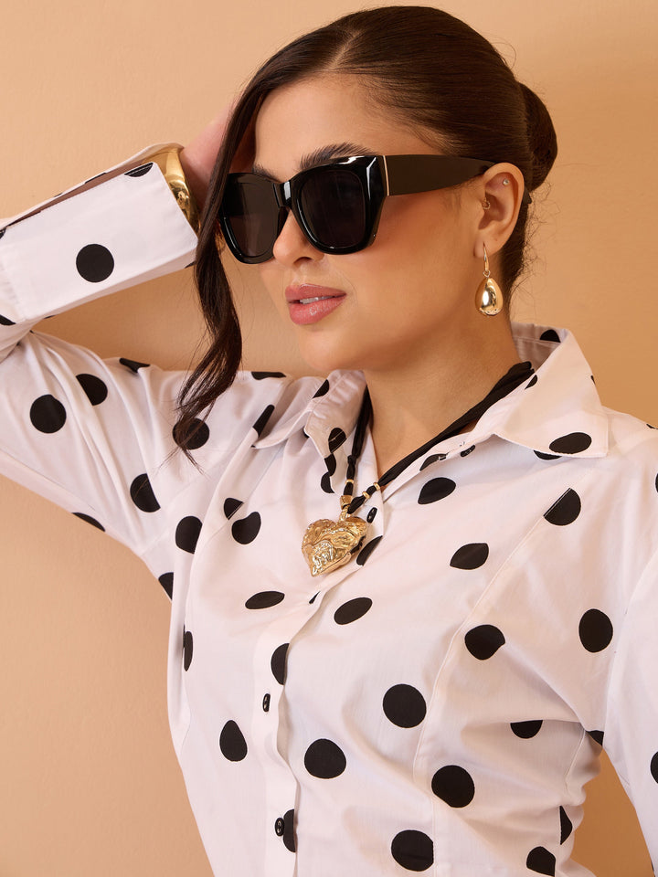 Women White &amp; Black Big Polka Slim Fit Shirt