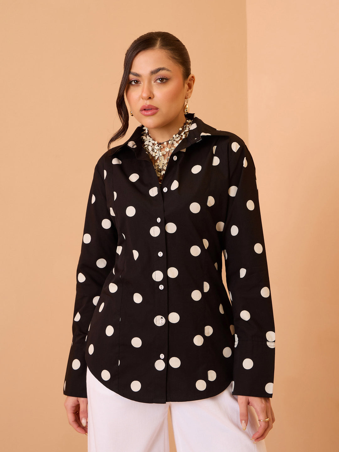 Women Black &amp; White Big Polka Slim Fit Shirt