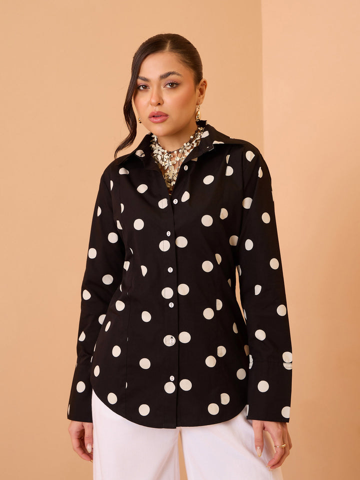 Women Black &amp; White Big Polka Slim Fit Shirt