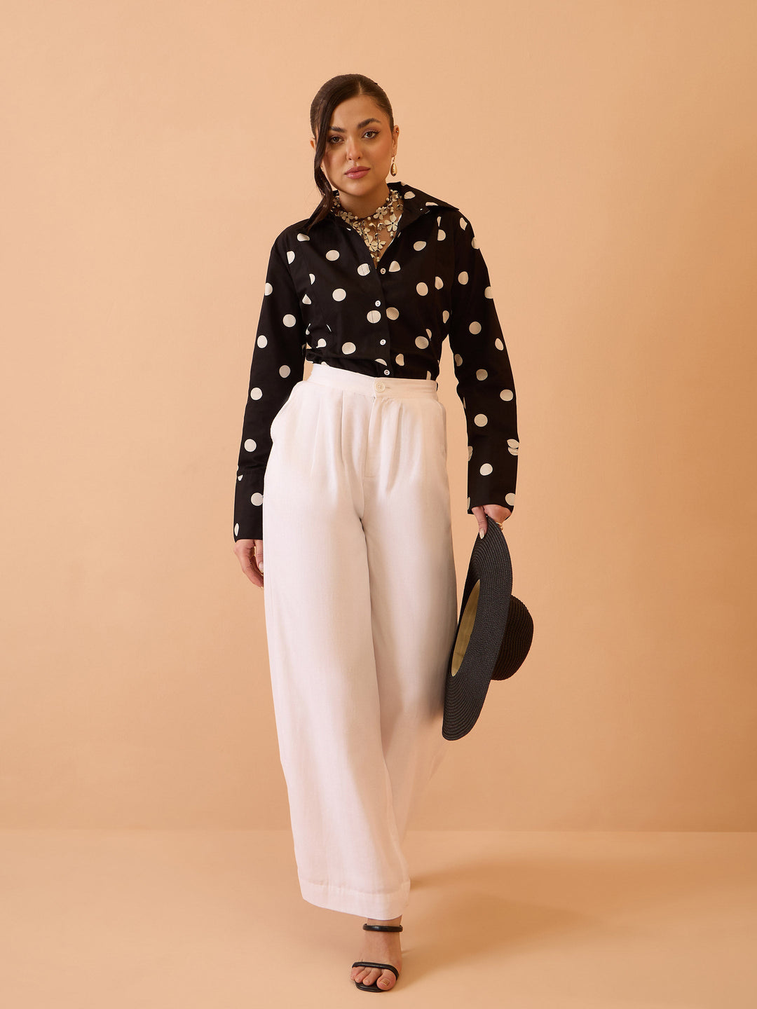 Women Black &amp; White Big Polka Slim Fit Shirt