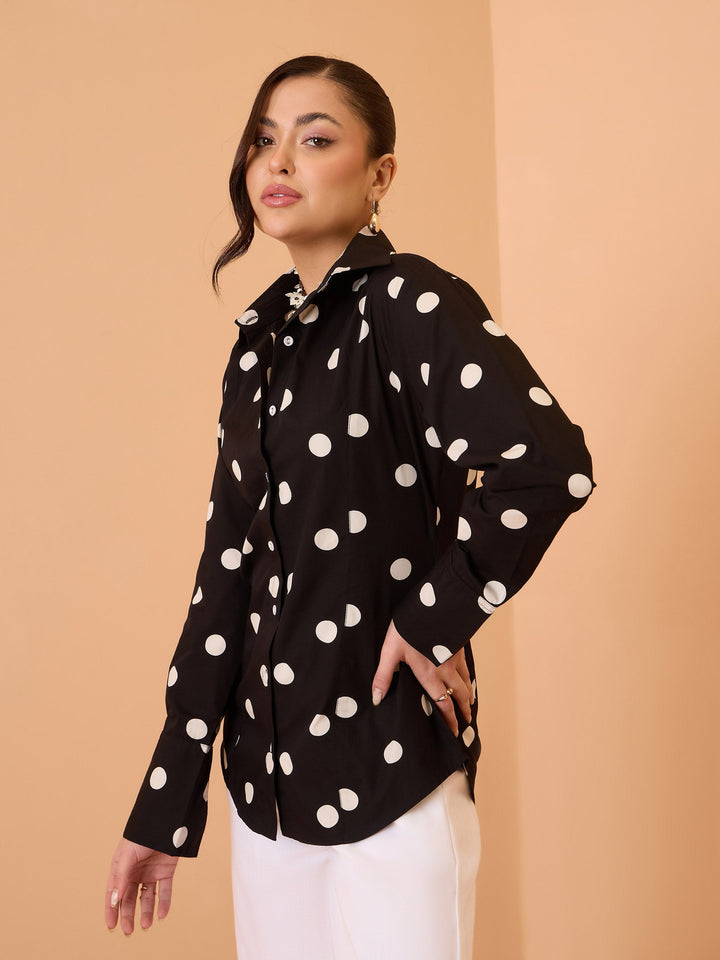 Women Black &amp; White Big Polka Slim Fit Shirt