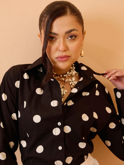 Women Black & White Big Polka Slim Fit Shirt