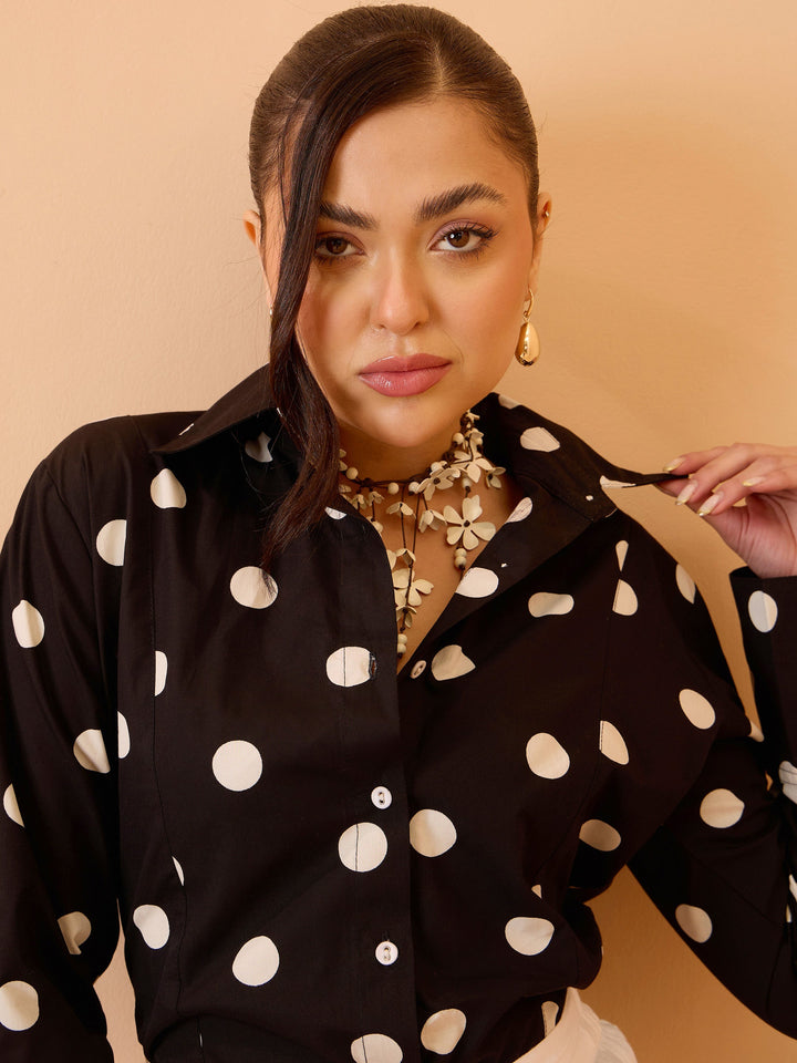 Women Black &amp; White Big Polka Slim Fit Shirt