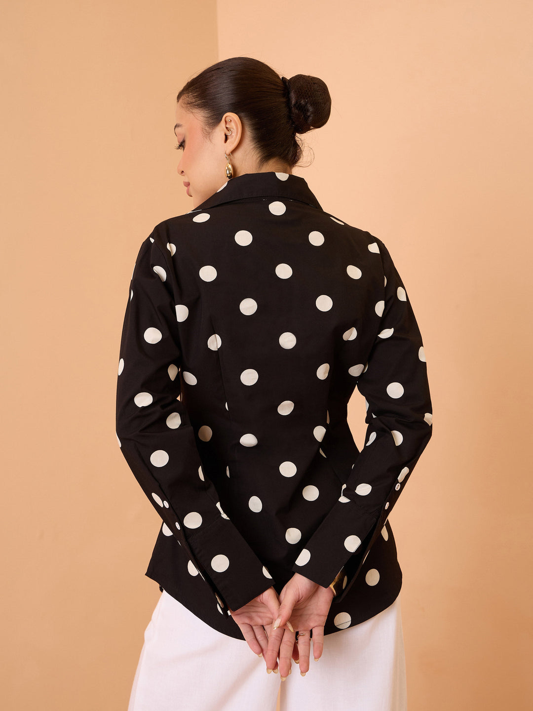Women Black &amp; White Big Polka Slim Fit Shirt