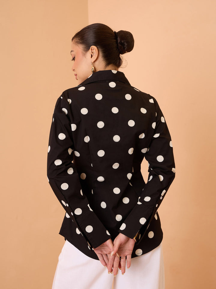 Women Black &amp; White Big Polka Slim Fit Shirt