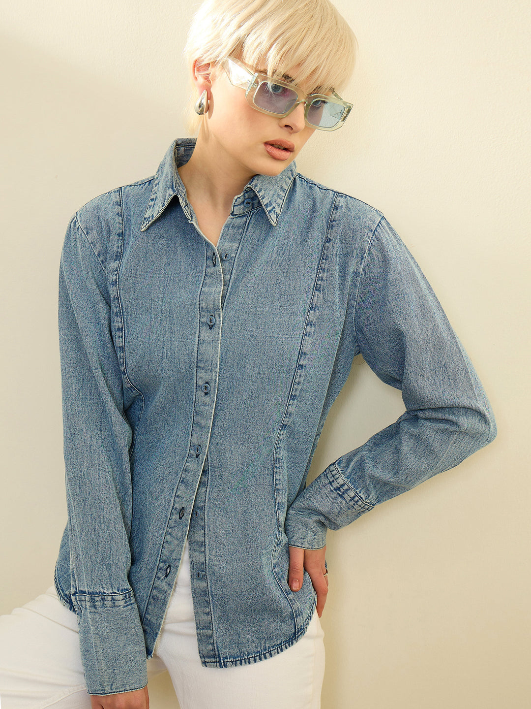 Women Blue Denim Acid Wash Slim Fit Shirt
