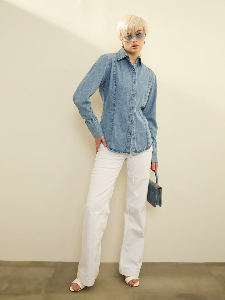 Women Blue Denim Acid Wash Slim Fit Shirt