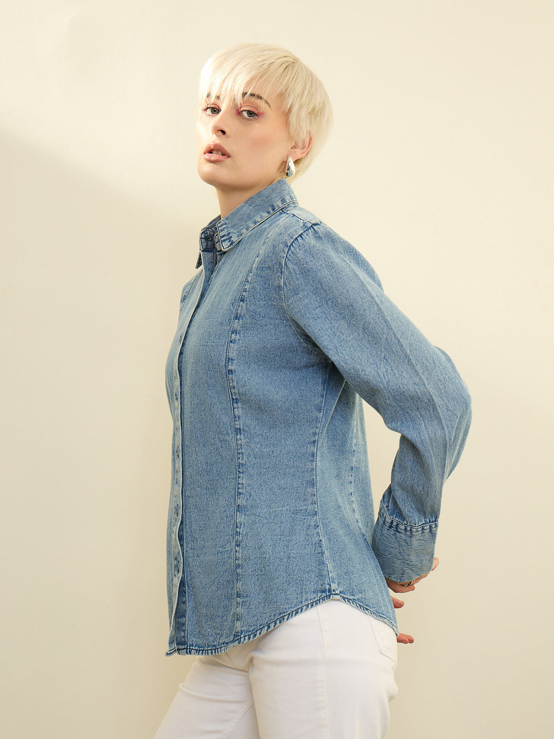 Women Blue Denim Acid Wash Slim Fit Shirt