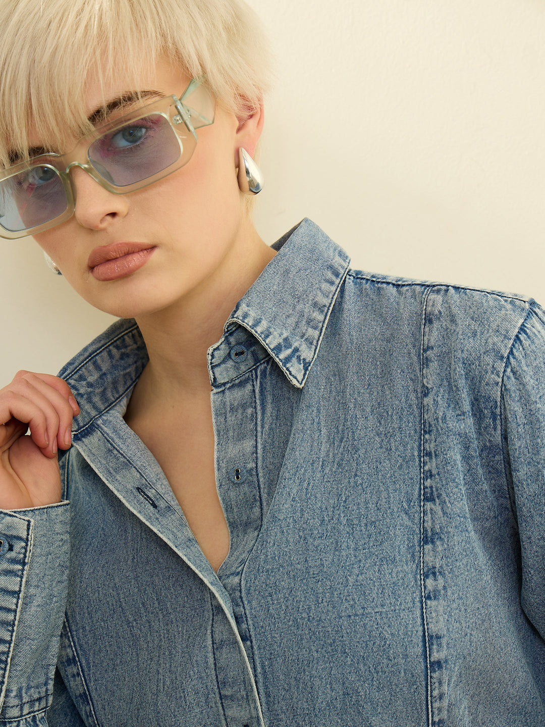 Women Blue Denim Acid Wash Slim Fit Shirt