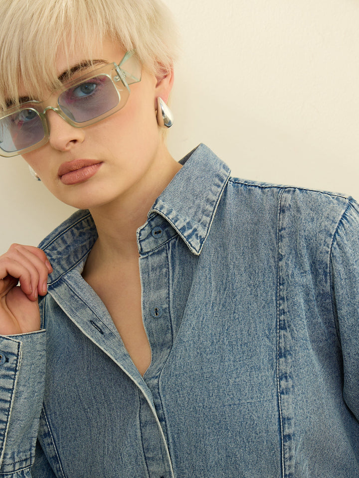Women Blue Denim Acid Wash Slim Fit Shirt