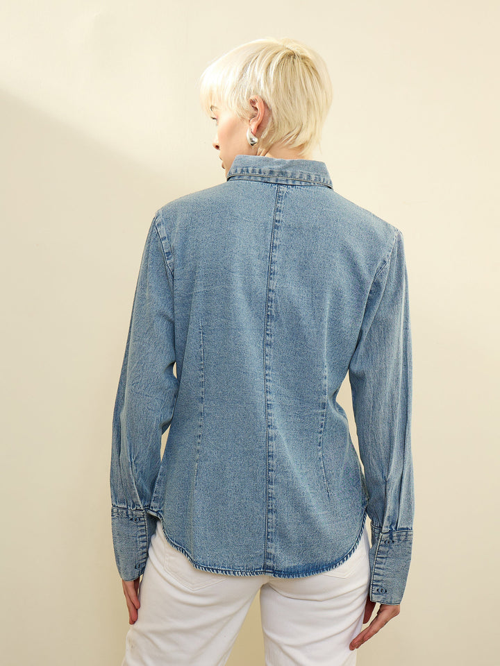 Women Blue Denim Acid Wash Slim Fit Shirt