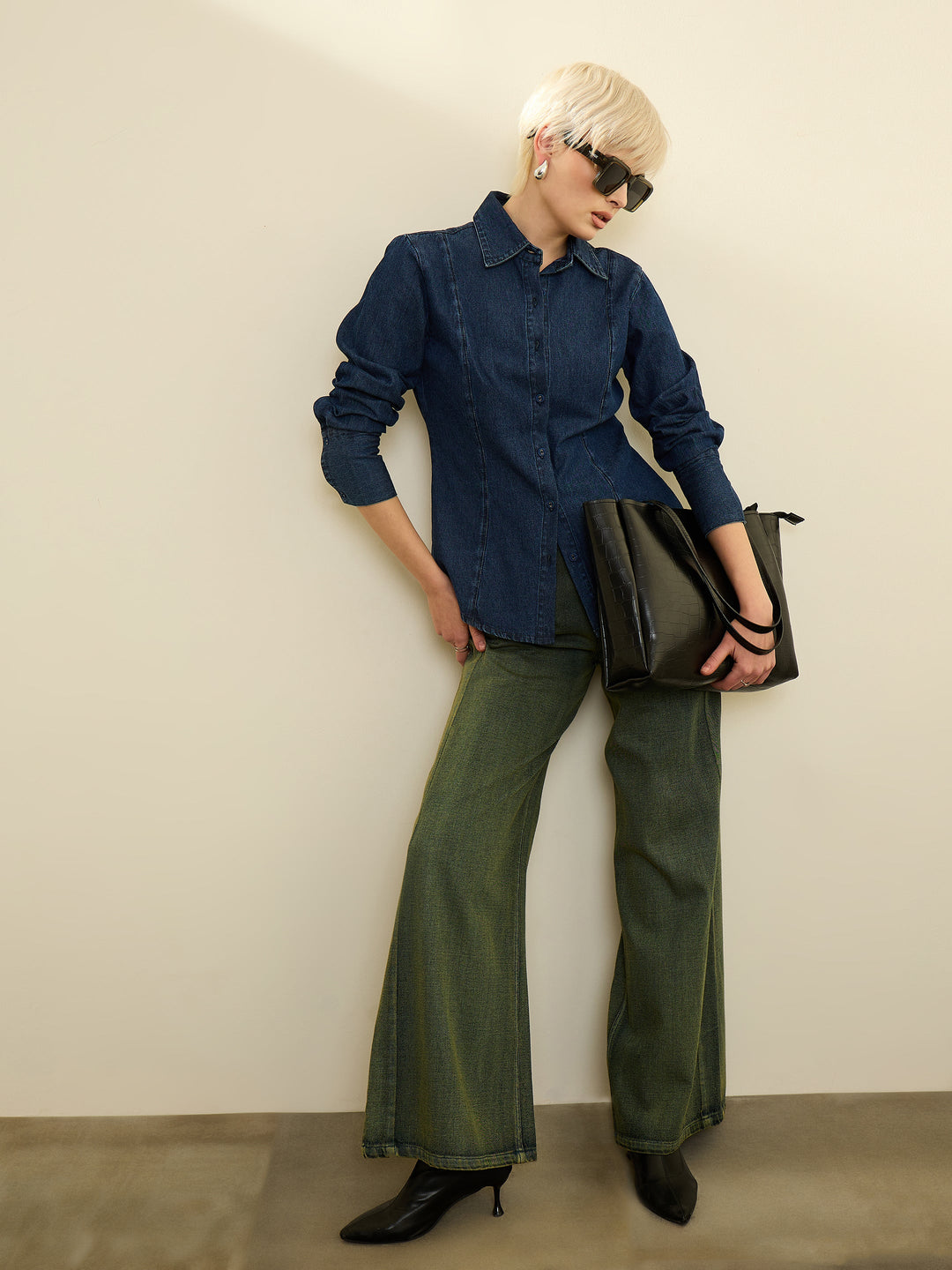 Women Navy Blue Denim Wash Slim Fit Shirt