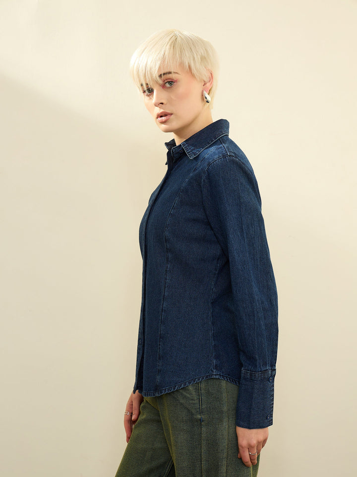 Women Navy Blue Denim Wash Slim Fit Shirt