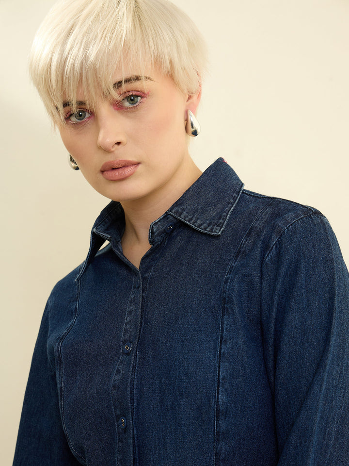 Women Navy Blue Denim Wash Slim Fit Shirt