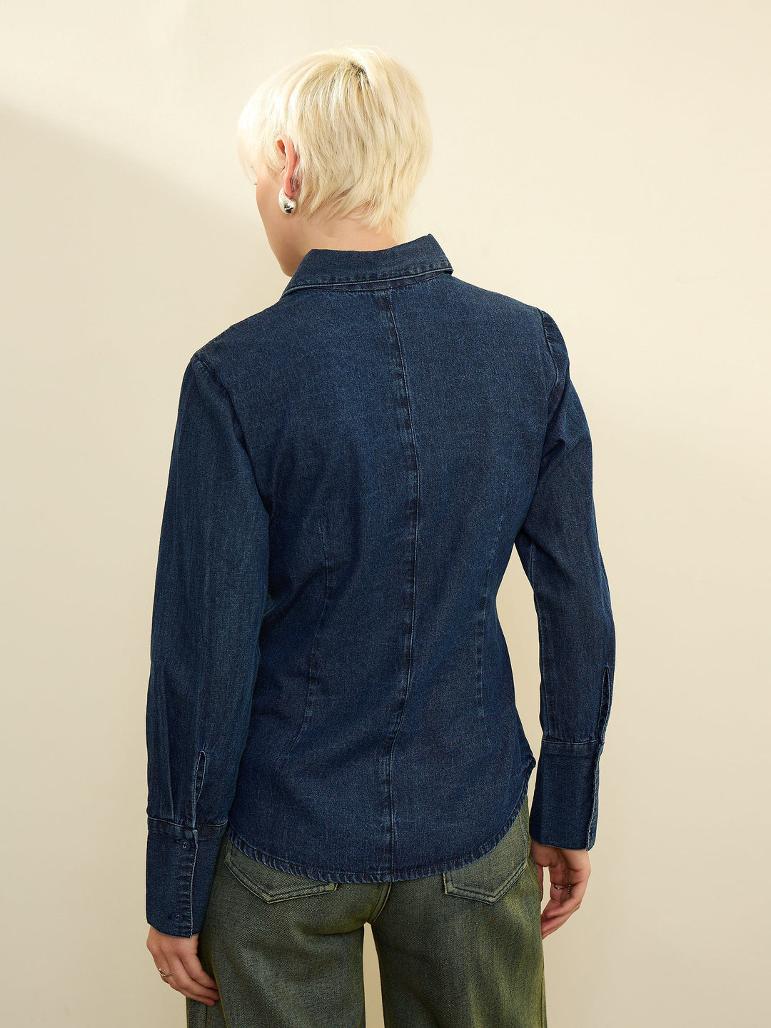 Women Navy Blue Denim Wash Slim Fit Shirt