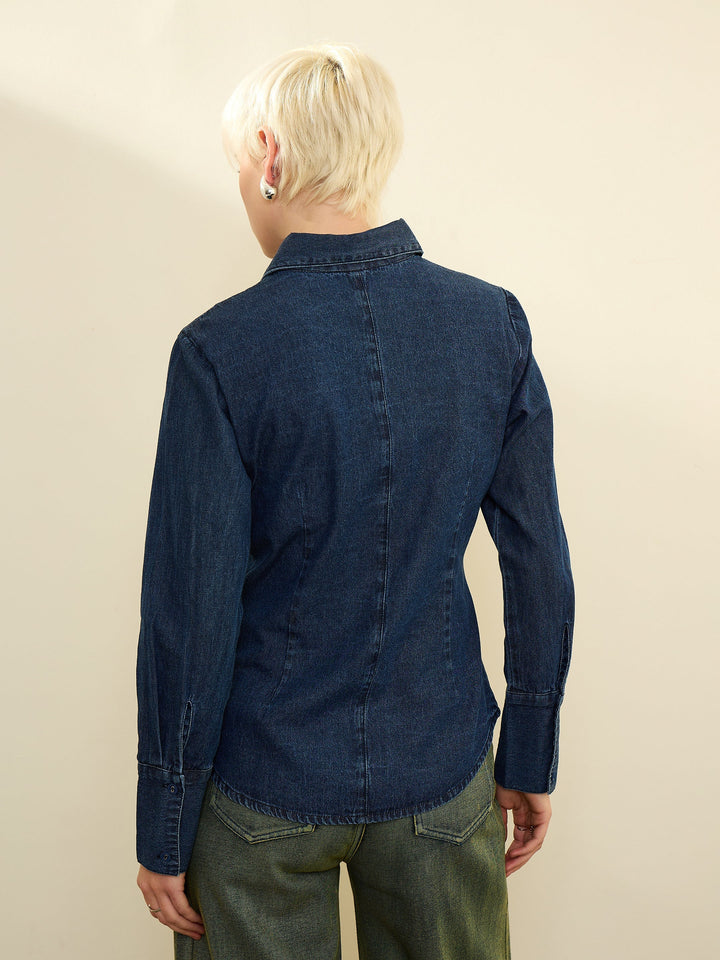 Women Navy Blue Denim Wash Slim Fit Shirt