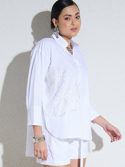 Women White Poplin Embellishment Oversize Shirt