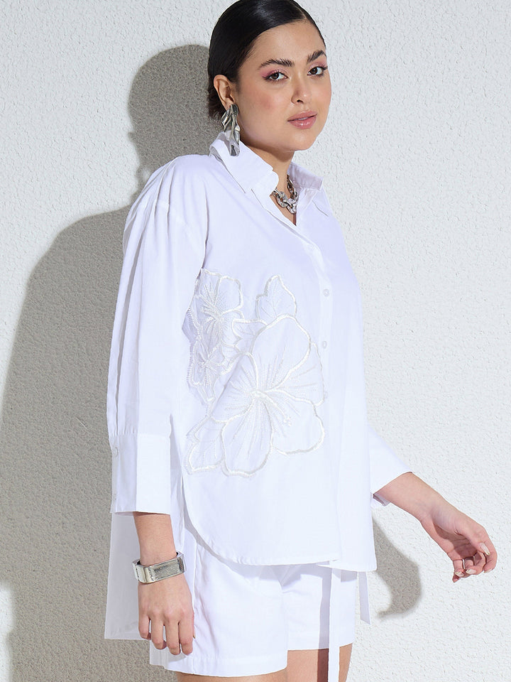 Women White Poplin Embellishment Oversize Shirt